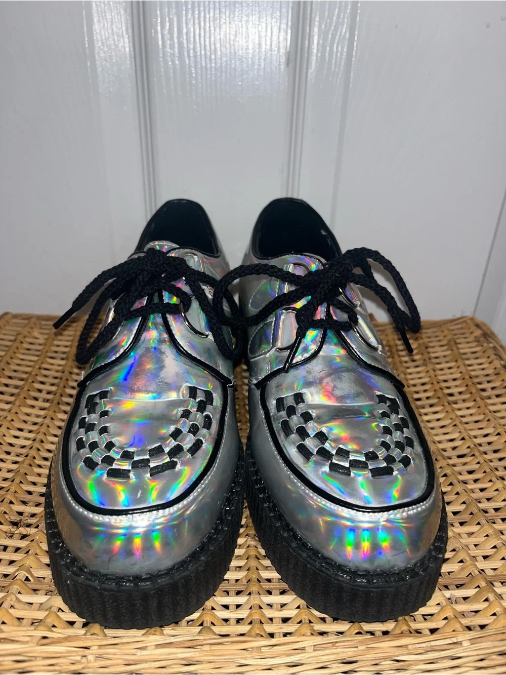 Holographic silver iridescent faux patent creepers
